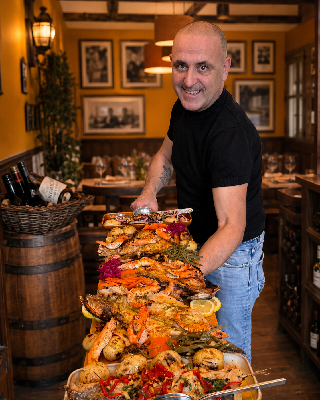 Chef Xico com travessa da casa